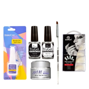 COMBO GEL: PEGAMENTO + BASE COAT EZFLOW + TOP COAT EZFLOW+ 100 TIPS + GEL COVER EZFLOW + PINCEL