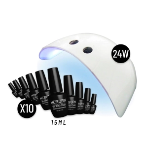 COMBO MANICURIA CABINA NAIL LAMP K2 24W + 10 ESMALTES HEBURN SEMIPERMANENTE